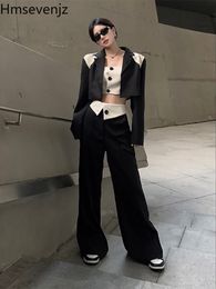 Womens Two Piece Pants Hmsevenjz Black White Suit Blazer Jacket Crop Top Casual 2 Pcs Set Spring Girl Sexy Ladies Suits Elegant Chic 221123