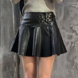 Skirts 2023 Spring Summer Women Sexy Black Buckle PU Leather Casual Solid Korean Pleated Y2K Goth Lolita High Waist