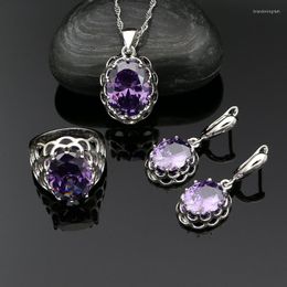 Necklace Earrings Set Fashion Women Jewelry 925 Sterling Silver Bridal Purple Cubic Zirconia Pendant Ring