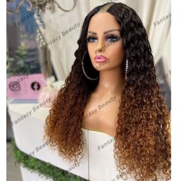 Glueless U Part Human Hair Women Wigs with 6Clips Water Wave Ombre Light Caramel Brown Natural Curly Opening U Part/V Parts Remy