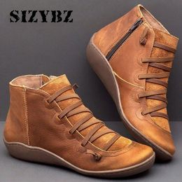 Boots Women Winter Snow PU Leather Ankle Spring Flat Shoes Woman Short Brown Botas with Fur for Lace Up Mujer 221123