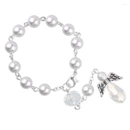 Link Bracelets Crystal Angel Bracelet 8mm White Glass Pearl Beads Protector Kids Baptism Rosary