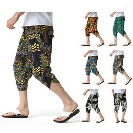 Men's Pants Men Harem Cropped Trousers Summer Waist Rope Linen Casual Micro Stretchable Printing Print Outdoor Party