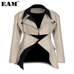 Womens Jackets EAM Loose Fit Khaki Two Ways Wear Irregular Jacket Lapel Long Sleeve Women Coat Fashion Spring Autumn 1DE7081 221122