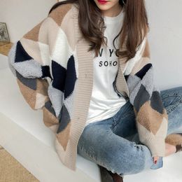 Women's Knits Tees Chic Argyle Plaid Cardigans Sweater Button Autumn Winter Oversized Cardigan Checkered Puff Sleeve Sweaters Top 23825 221123