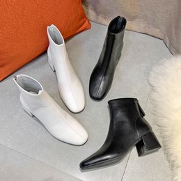 Boots Winter Women Leather Ankle Square Toe High Heels Short Brand Design Zipper Rubber Black White 221123