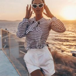 Women's Jumpsuits Rompers Autumn Plus Size Tops Women Blouses Casual White Polka Dot Shirts Female Bow Long Sleeve Chiffon Blouse Blusas 221123