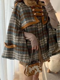 Women' Blends Xgoth Original Elegant Cape Coat Women Winter Oversize Vintage Plaid Top Female High Street Thickened Warm Woollen 221123