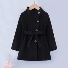 Coat Girls Jackets Spring Fall Winter Clothing Single breasted Kids Plus Velvet Thick Woollen Pure Black Belted Overcoat 221122