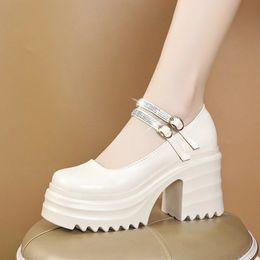 Dress Shoes Female Punk Goth Round Toe Thick Heels Ankle Strap Platform Women Pumps Spring Fall Leisure Buckle Casual Black Shoes for Ladies