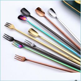 Forks Stainless Steel Forks Spoons Home Kitchen Dining Flatware Long Handle Gold Dessert Fruit Coffee Spoon Fork Cutlery Tool For Pa Dh4Hl