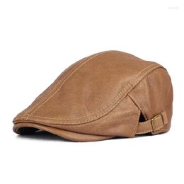 Berets Men Genuine Leather Sboy Hat Cap Gatsby Flat Golf Cabbie Baker Beret Retro Brand Men's Fashion Real H713