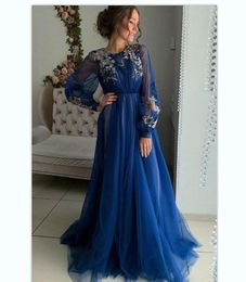 Teal Robe Soiree Long Evening Dresses Neck Tulle Applique Balloon Sleeves Casual Prom Gowns Vestidos