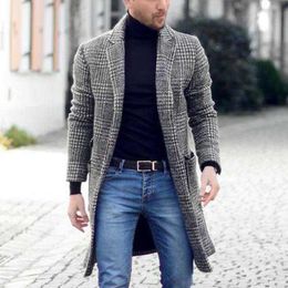 Men's Wool Blends Woollen Coat Retro Simple Mid-Long Plaid Youth Long Sleeve Lapel Single Breasted Cardigan Tops Jackets 221123