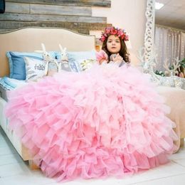 Girl Dresses Pink Tulle Flower Cap Sleeve Layered Tutu Skirt With Bow Birthday Baby Girl's Dress Princess Poshoot Gowns