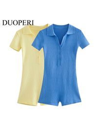 Women's Jumpsuits Rompers DUOPERI Fashion Knitted Jumpsuit Women Short Sleeves Chic Lady Romper outfit Shirt Style playsuit Female Summer 221122