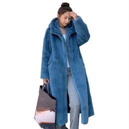 Frauen Pelz Faux Winter Mantel Frauen Kaninchen Haar Koreanische Mit Kapuze Nachahmung Nerz Lange Jacke Lose Dicke Warme 221122