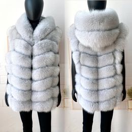 Women's Fur Faux Real Coat Women Hood Removble Winter Warm Natural Vest Fashion Rhombus Tailoring Sleeveless 221123
