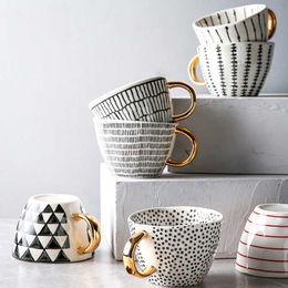 Mugs Hand Painted Geometric Ceramic With Gold Handle Handmade Irregular Cups For Coffee Tea Milk Oatmeal Creative Birthday Gifts 221122