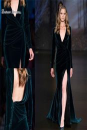 Velvet Long Sleeves Meerjungfrau Promkleider hoher Split -Abendkleider gegen Hals Rückenless maßgeschneiderte Party Maxi Kleid