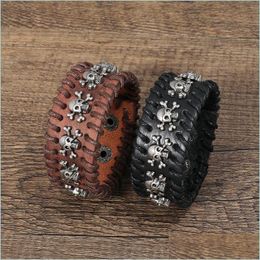 Bangle Punk Knit Skl Bracelets Leather Bangle Cuff Button Adjustable Mtilayer Wrap Bracelet Wristand For Men Women Fashion Drop Deli Dhbsq