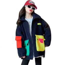 Coat Fashion Girls Clothing Jackets Winter Colour Patchwork Pockets Parkas Outerwear Windbreaker Thicken Lamb Children Woollen Coats 221122