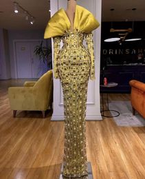 Luxurious Crystals Beaded Mermaid Prom Dresses 2023 Sexy V Neck Plus Size Sweep Train Long Sleeves Formal Evening Party Gowns For Arabic Women