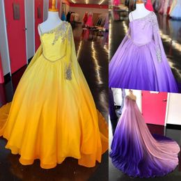 Girl Dresses Purple Pageant Dress 2022 Cape Crystals Beading Chiffon Little Kid Birthday Long Sleeve Formal Party Yellow