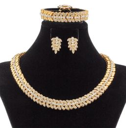 Liffly Fashion Dubai Gold Sets Blumenform Kristall Halskette Armband Ring Ohrring Braut Hochzeit Schmuckzubehör 2208106518056