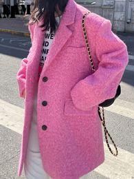 Women' Blends EAM Loose Fit Pink Color Long Big Size Woolen Coat Parkas Sleeve Women Fashion Autumn Winter 1DE3207 221123