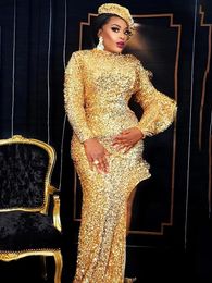 Party Dresses Luxury Gold Sequin Dress with Hat High Neck Slit Floor Length Maxi Robes Long Sleeve Fall Winter Sparkly Evening Clothes 221123