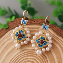 Dangle Earrings Retro Drop For Women Gift Party Freshwater Pearl Blue Enamel Light Luxury Jewellery Handmade Design 2022