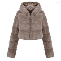 Women's Fur Women Winter Cropped Faux Coats Thick Warm Fluffy Hooded Jackets 2022 Style Full Sleeve S4722