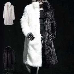 Men's Leather Faux Mens Fashion Winter Punk Rock Fur Coat Hooded Long Jacket Black White Patchwork Overcoat Men Cardigan 221122