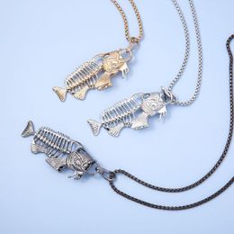 Chains 12 Pieces/Lot Fish Bone Pendant Necklace Fishing Hook Skeleton Silver Gold Color Black Chain For Women Men Charm Choker Jewelry