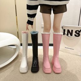 Women Platform High Boots Winter Warm Wedding Chunky Motorcycle Shoes New PU Leather Punk Fashion Pink Plush Boots