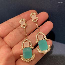 Dangle Earrings Light Blue Square Zircon Crystal Small Chain Sense Luxury Women Temperament Retro Fashion Tassel Jewelry