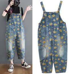 Women's Jumpsuits Rompers Spring Fashion Sunflower Printed Jeans Overalls Long Pants Pocket Floral Rompers Womens Denim Suspenders Cowboy Jumpsuits 221123