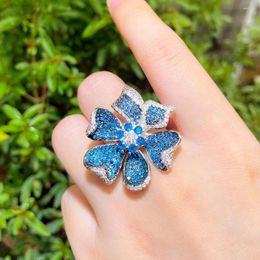 Cluster Rings CWWZircons Two Tones Silver Plated Light Blue Cubic Zirconia Big Chunky 3D Geometric Flower Adjustable Party Ring For Women