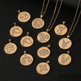 Pendant Necklaces Gold Coin Crystal 12 Zodiac Sign Necklace Gemini Leo Sagittarius Pisces Pendants Charm Star Choker Astrology Neckl Dhsbk