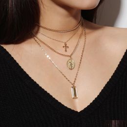 Pendant Necklaces Gold Bar Madonna Necklace Sier Cross Mtilayer Choker Pendants Fashion Jewellery For Women Drop Delivery Necklaces Dhf4I