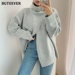 Women's Sweaters BGTEEVER Elegant Solid Turtleneck for Women Casual Long Sleeve Front Split Female Knitted Pullovers Autumn Winter 221123