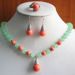 New Design Women'S Green Jade Shell Pearl Necklace Earring Ring 6-9# Jewelry Set