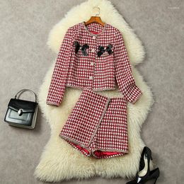 Women's Tracksuits European And American Women's Wear For Winter 2022 Long-sleeved Single-breasted Red Tweed Coat Bow Shorts Fashion