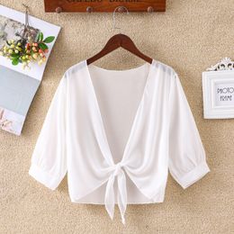 Women's Knits Tees Women Wrap Jacket Half Sleeve Sheer Soft Chiffon Bolero Shrug Open Front Cardigan for Party Coat 221123