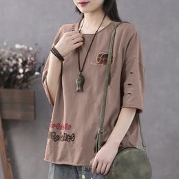 Women's Jumpsuits Rompers Elephant Women's Blouse Chic Japan Half Sleeve Cotton Shirt Embroidery Letter Clothes Summer Loose Bottom Tops Plus Size M5XL 221123
