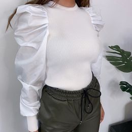 Women's Jumpsuits Rompers Women Puff Sleeve Autumn Tops Pullover O Neck Knitted Blouse Spring Long Sleeve Slim Fit Basic Blouse Shirt Streetwear 221123