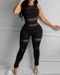 Women's Jumpsuits Rompers Women Fashion Elegant Casual Sheer Mesh Thick Strap Sleeveless Skinny Jumpsuit Solid Sexy Round Neck Party 221123