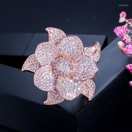 Cluster Rings CWWZircons Luxury Flower Leaf Micro Pave Cubic Zirconia Stone Big Rose Gold Colour Bridal Wedding Party Finger Jewellery R124