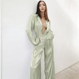 Women's Two Piece Pants Vintage Two Piece Set Women Spring Summer Clothing Sets Elegant Office Lady Long Sleeve Blouse Top and Loose Pants Suits Outfits 221123
